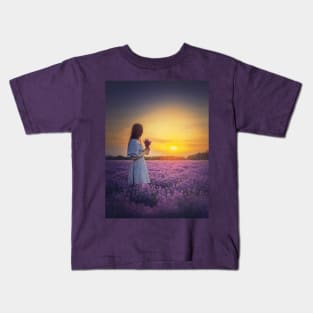 young woman in lavender field Kids T-Shirt